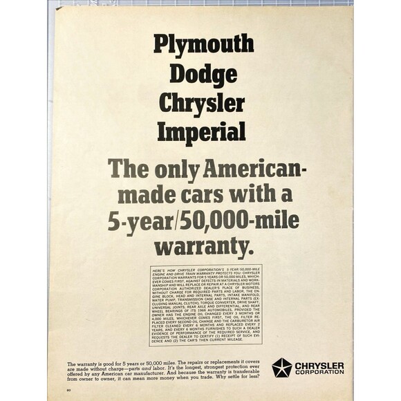 Chrysler Corp "Only American Cars w/ 5-year 50,000-mile Warranty" Print Ad 1966 - Picture 1 of 3